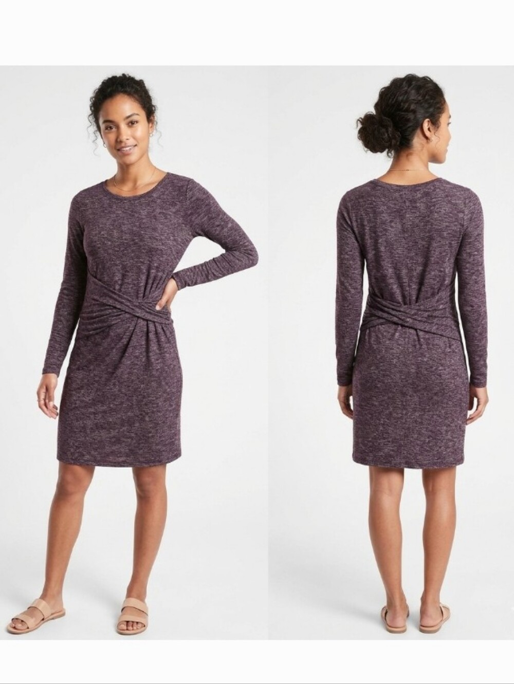 ATHLETA Solitude Dress Purple Fitted Wrap Rayon Long Sleeved Sporty Dress